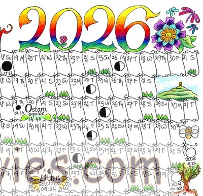 2026 Moon Calendar A4 wall chart planner poster year Lunar Pagan