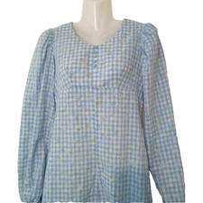 Vintage Possible Homemade Blue Checkered Floral Night Gown House Coat Dress SM