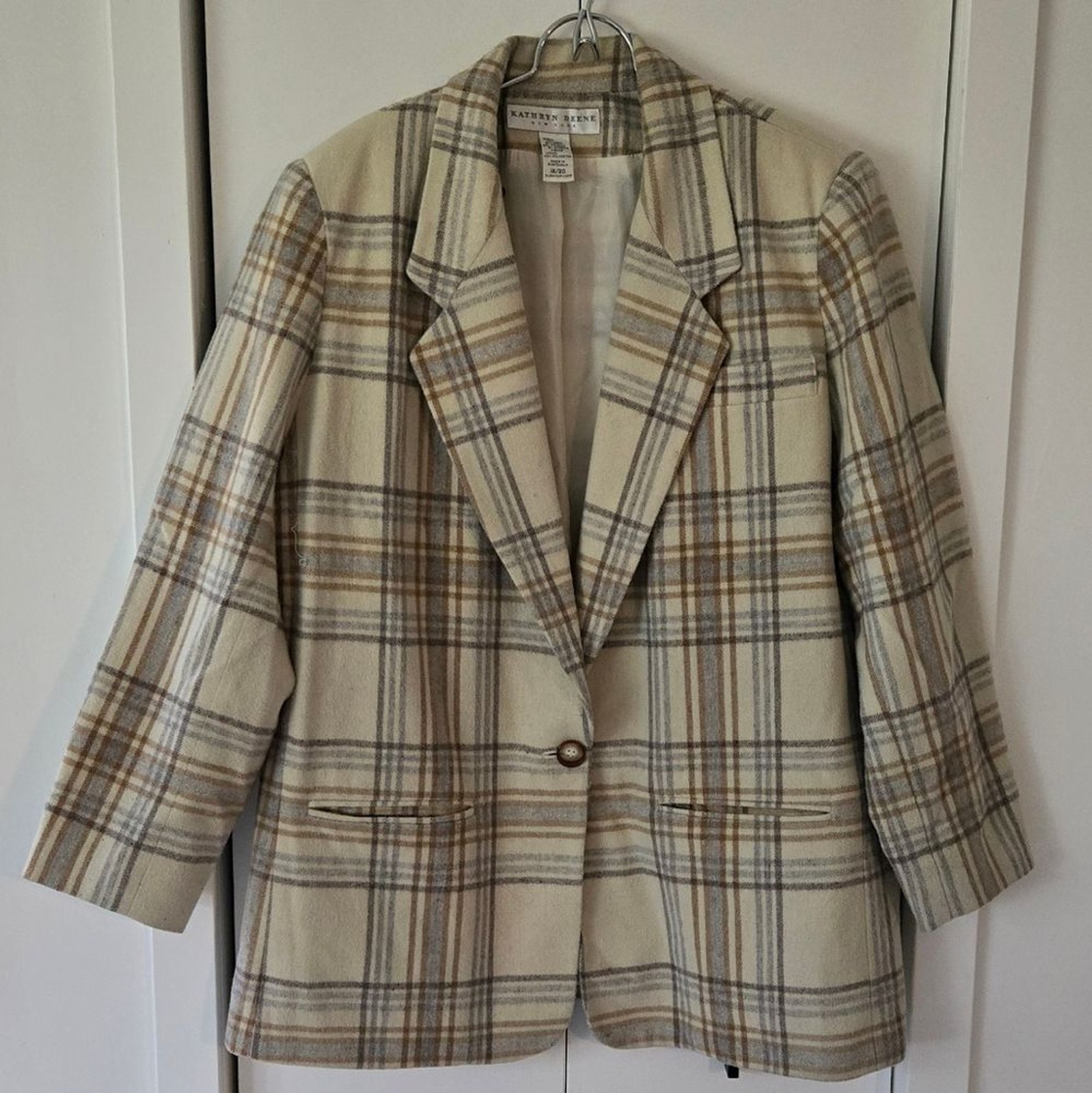 Vintage Wool Blend Cream and Brown Plaid Blazer Oversized XL 18/20 Shoulder Pads
