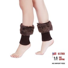 Women Faux Fur Trim Boot Cuffs, Short Furry Fuzzy Leg Warmers Winter Brown