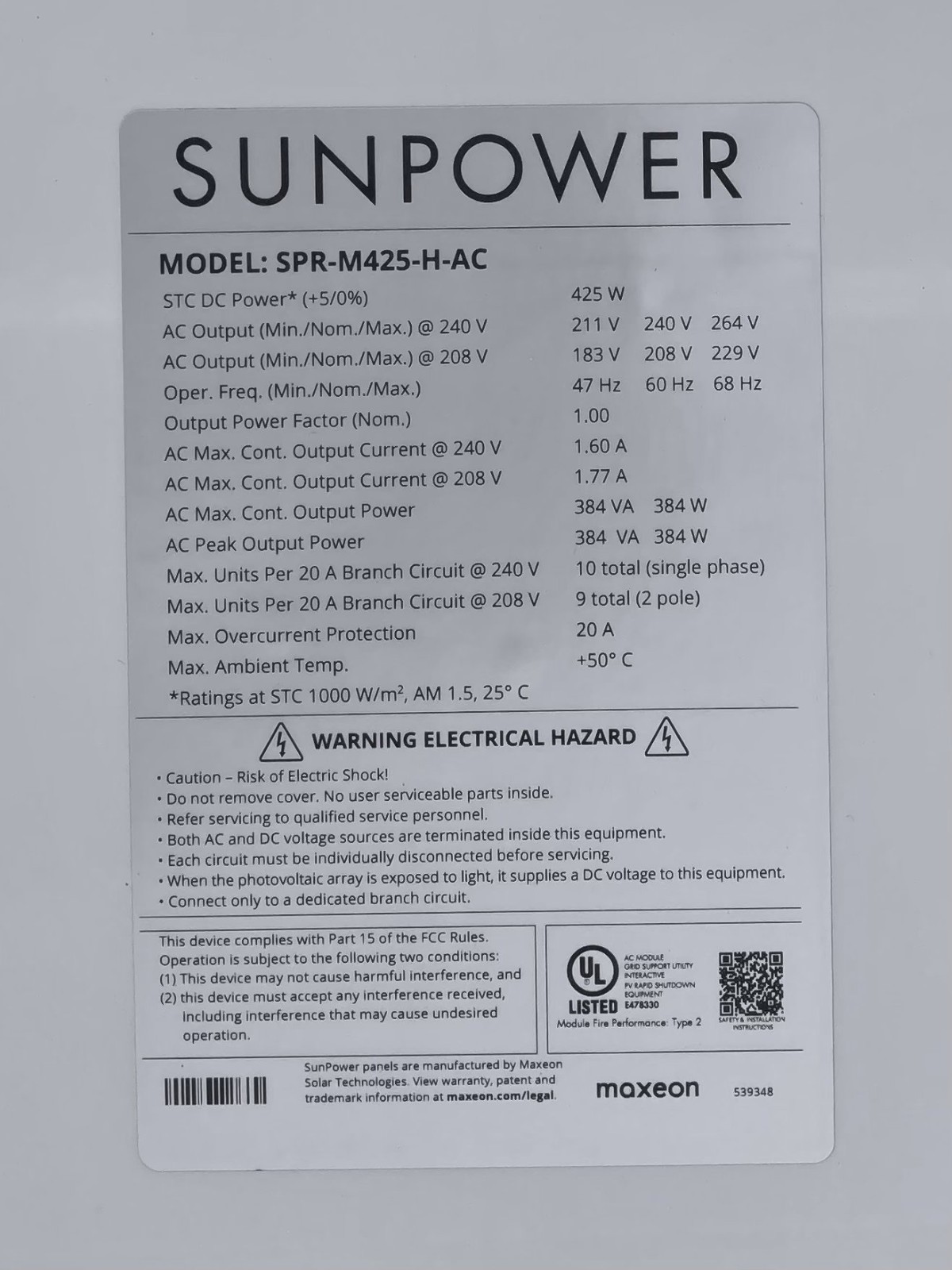 New SunPower Maxeon 425W AC solar panels w/ micro inverters, model SPR-M425-H-AC