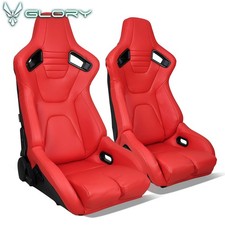 Universal Bucket Racing Seats Pair Reclinable Dual Sliders Red Carbon Pu Leather Universal Bucket Racing Seats Pair Reclinable Dual Sliders Red Carbon Pu Leather