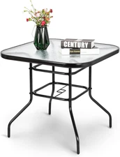 VINGLI Glass Patio Table with Umbrella Hole, 32" Square Outdoor Dining Table Ste