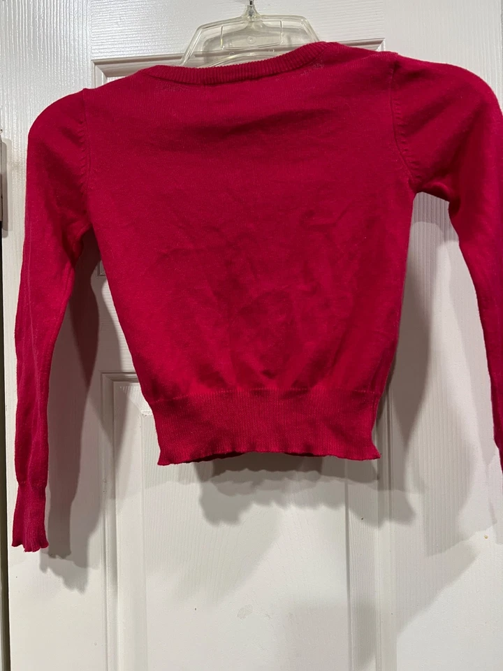 Cherokee Girls Red Cardigan Sweater 4/5 Beaded Neckline Button Front Holiday - Image 4 of 4