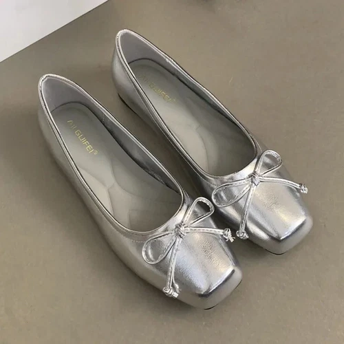 Damen-Ballerinas eckige Zehenpartie Schleife Slipper Freizeit PU-Leder Komfortschuhe - Bild 22 von 34