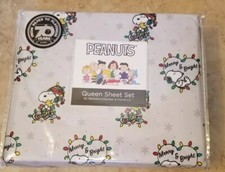 Peanuts Snoopy Woodstock QUEEN Size Sheet Set Christmas Lights Holiday 4pc NEW