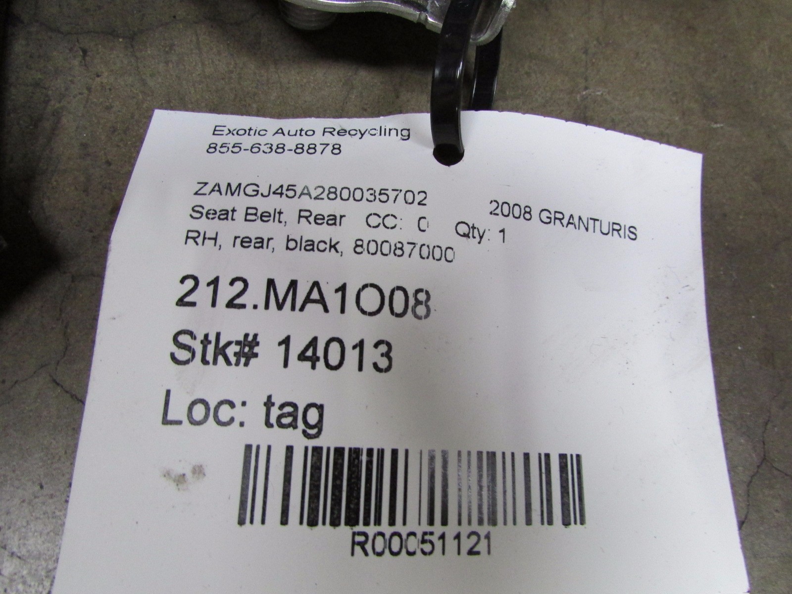 Maserati Granturismo, RH, Right Rear Seat Belt, Black, Used P/N 80087000