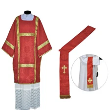New RED Dalmatic Vestment with Deacon's Stole & Maniple, Roman Dalmatic Chasuble