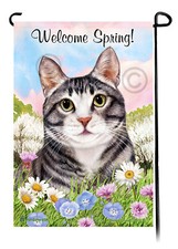 Welcome Spring Garden Flag - Silver and White Tuxedo Cat