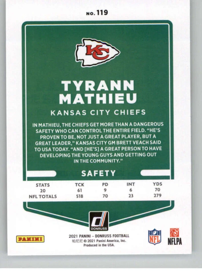 2021 Donruss #119 Tyrann Mathieu Kansas City Chiefs Football Card NM-MT ID:43717 - Image 2 of 2