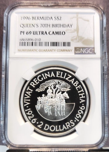 1996 BERMUDA SILVER 2 DOLLARS QUEENS 70TH BIRTHDAY NGC PF 69 ULTRA CAMEO TOP POP