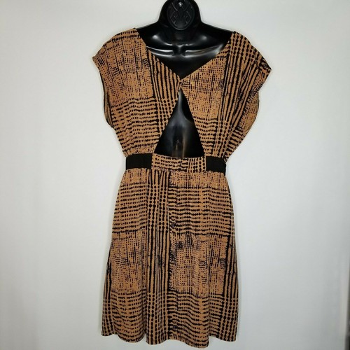Ya Los Angles Womens Dress Sz Lg Tribal Print Brown Bk Open Back Shirred Waist - Picture 3 of 12