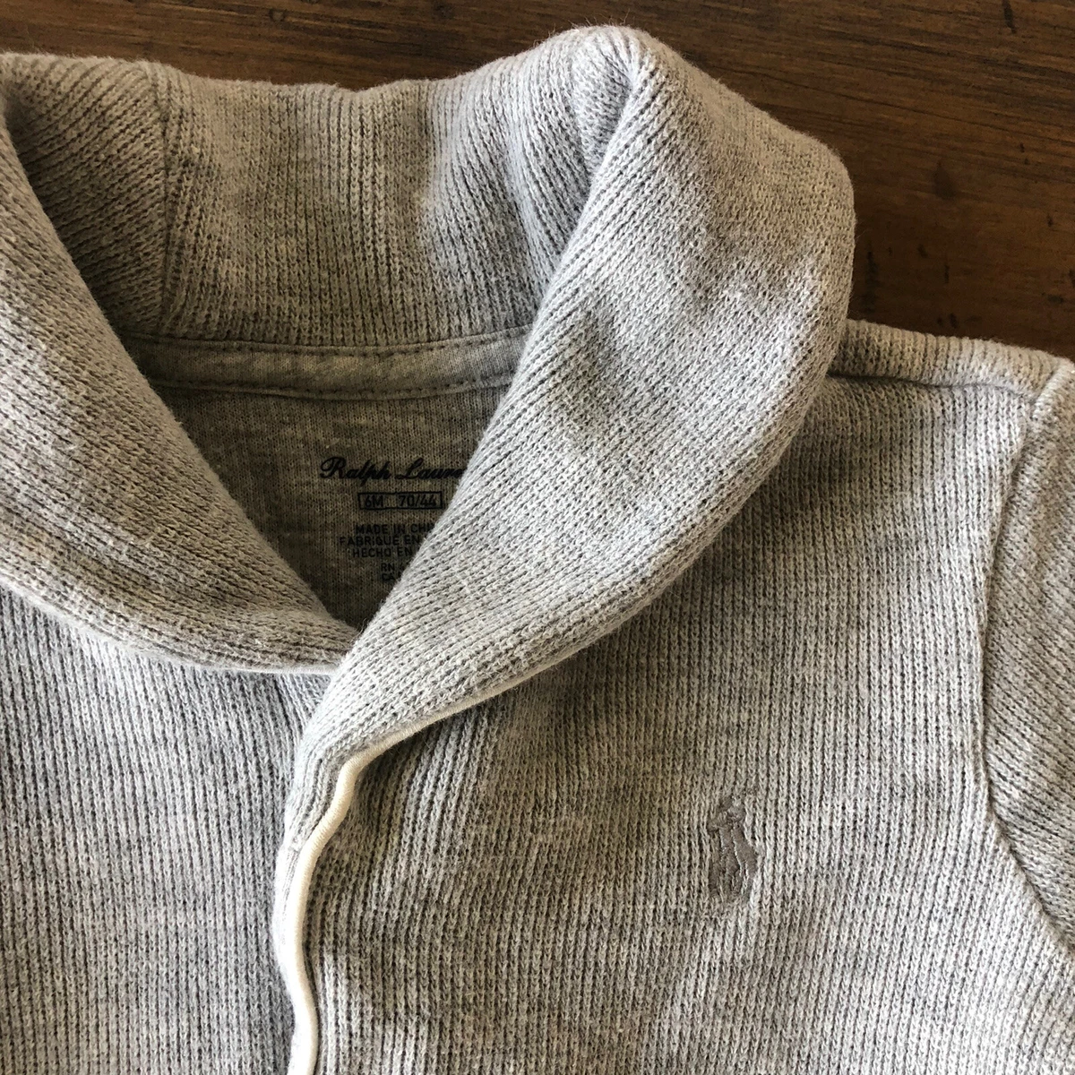 NWT Ralph Lauren one piece - FRENCH-RIB COTTON COVERALL, Gray, 6M, shawl collar