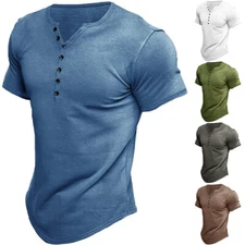 Mens Short Sleeve Henley T-Shirt Casual V Neck Slim Fit Muscle Tops Blouse Tee