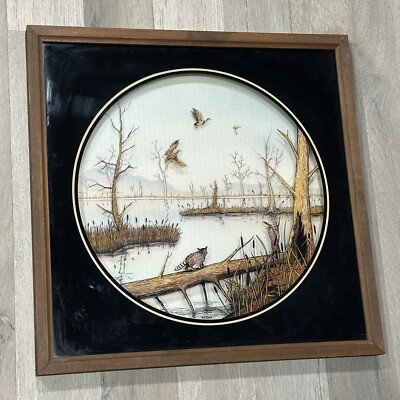 VTG Tom Cryer Reverse Painting 3D Lake Scene Raccoon Framed artwork Wall Decor