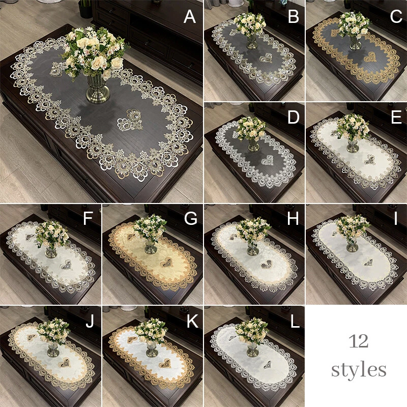 Embroidered Lace Flower Tablecloth Table Cloth Runner Oval Shape Home Decor - Image 2 of 4