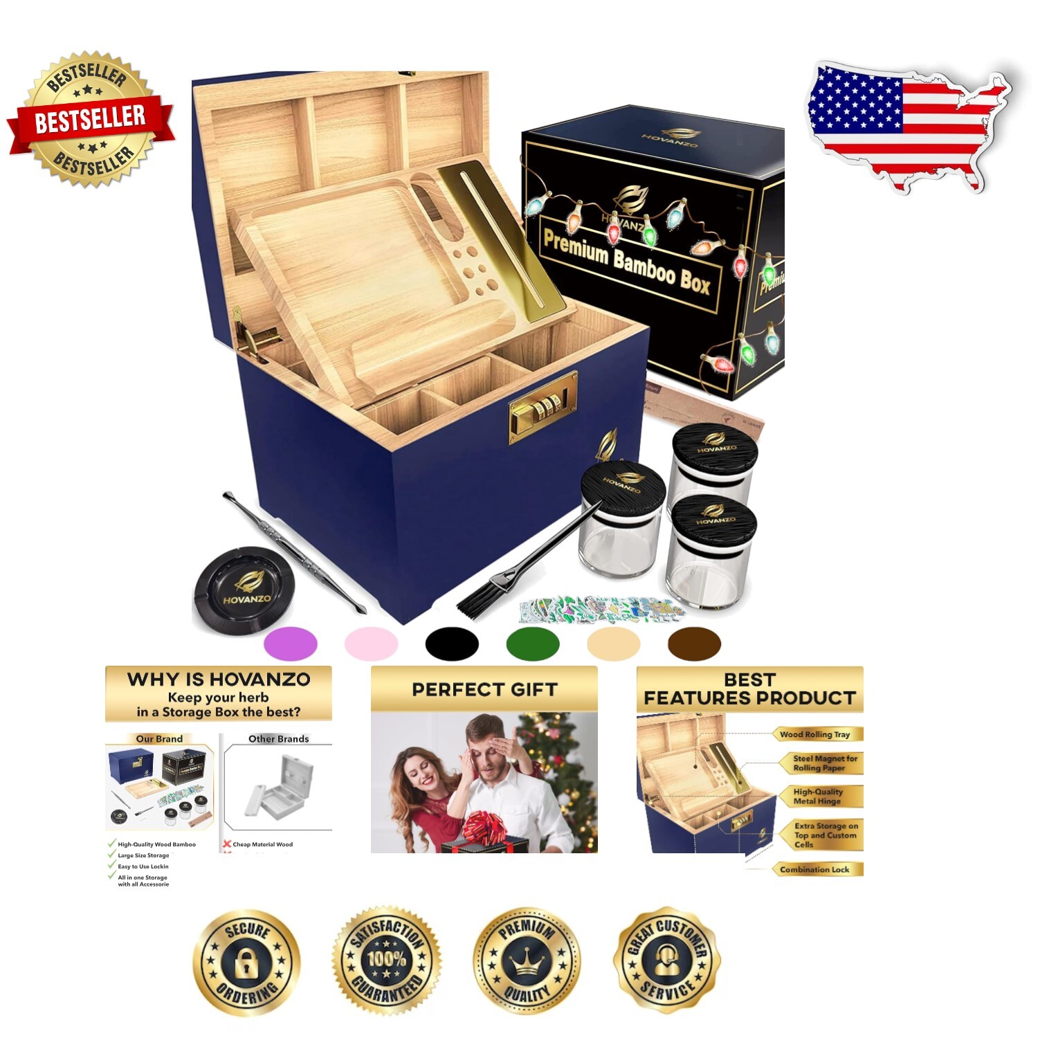 Premium Eco-Friendly Bamboo Storage Box Set with Lock & Glass Jars - Blue