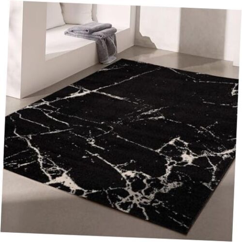 Nova Contemporary Modern Marble White Indoor Area Rug for 3'9" X 5'6" Black