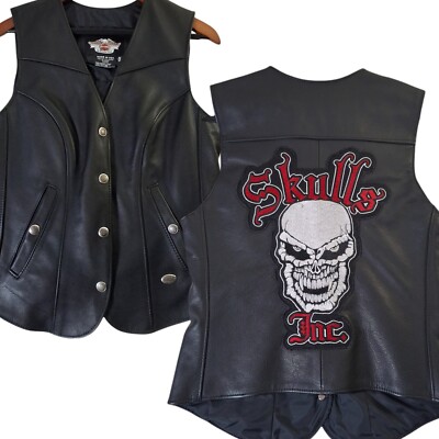 Harley Davidson Leather Vest Womens M Black Skulls Biker Pocket