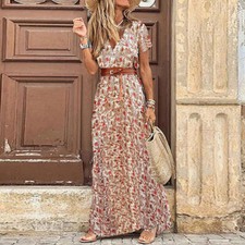 Womens Boho Floral V-Neck Maxi Dress Ladies Summer Beach Casual Holiday Sundress