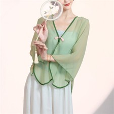 Damen Chinesisch Durchsichtig Netz Strickjacke Hemd Geblümt Bestickt Bluse Hanfu