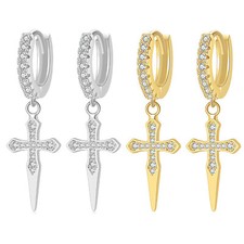 Men's Women's Cubic Zirconia Hoop Huggie Earrings Cross Dagger Dangle Earrings
