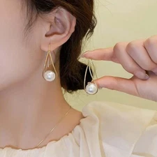 Fashion Woman 14K Gold Plated Pearl Earring Stud Ear Hoop Drop Dangle