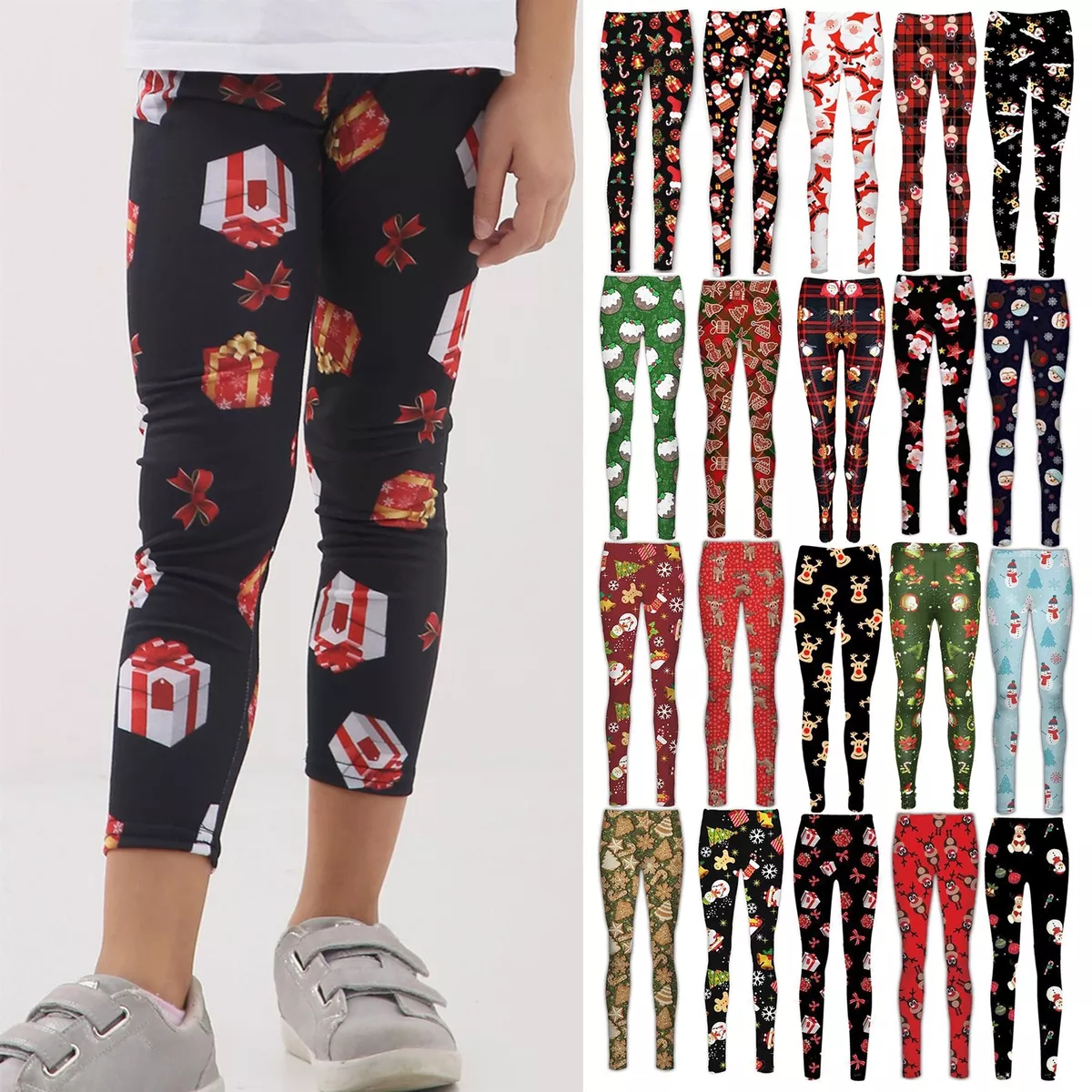 Kids Girls Reindeer Xmas Owl Red Tartan Ankle Length Christmas Leggings Jeggings