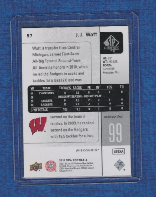 2011 SP Authentic Football # 57 J.J. Watt Wisconsin - Image 2 of 2