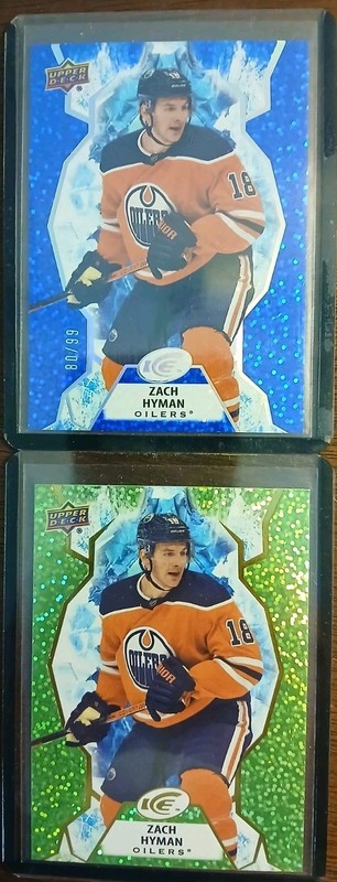 2021-22 Zach Hyman 2 card lot, #'ed /99 & Green Parallel Edmonton Oilers