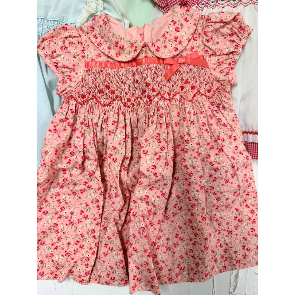 Lote de 10 vestidos de bebé ajustados Polly Flinders años 50 de colección 12-18 M pasteles guinga Foto 3 de 4