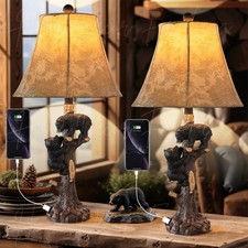 Set of 2 Rustic Bear Table Nightstand USB Lamp Light Cabin Lodge Home Decor 26"