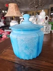 Vtg  Blue Slag Depression Glass Cookie Jar Mayfield Rose Design