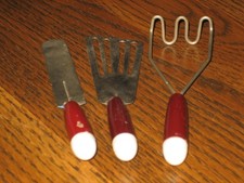 Vtg Child's Kitchenware Metal Utensil 3pc Set Dk Red Handle Masher Flipper Knife