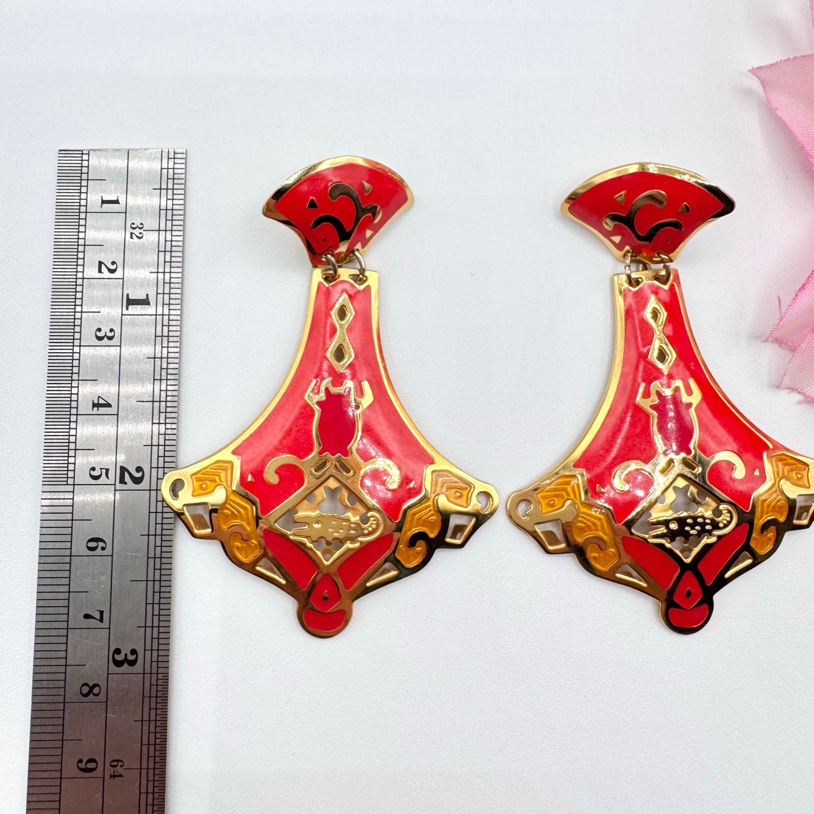 Vintage Edgar Berebi Red Enamel Earrings Big Statement Lantern Gold Tone Ornate