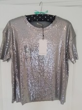 Zara Silver Sparkly Sequined Short Sleeved Top Size Small