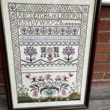 large. vintage  framed sampler Mary Framed 26 inch high x 19