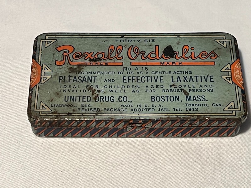 c1920s Rexall Orderlies Tin United Drug Company Boston, Mass. Tin