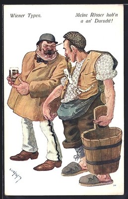 Künstler-AK Carl Josef Pollak: Wien, Mann mit Bierglas und Kutscher mit Bottich 