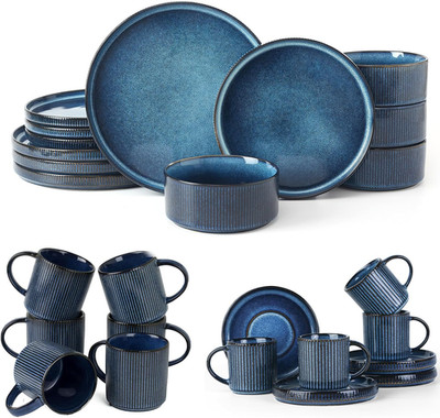 Nebulas Blue Star Stoneware Dinnerware Set for 4 with Mugs & Cups