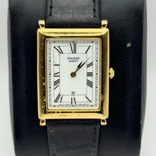 Pulsar Tank Watch Quartz Rectangular Date Dial Black Strap Japan Working 23mm