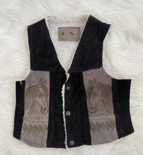 Vintage Kids Western Suede  Sherpa Horse Print Vest - Black  Brown