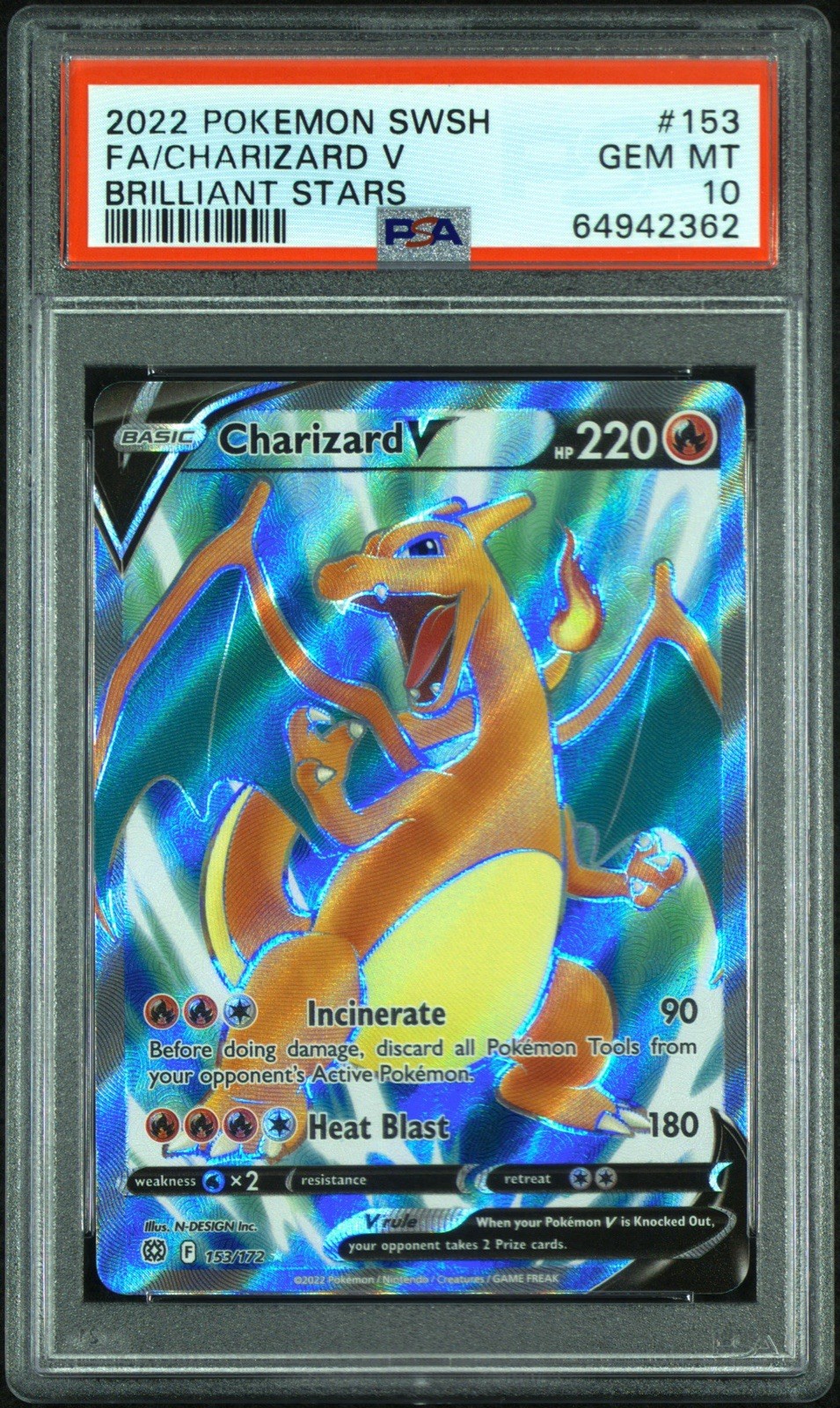 2022 POKEMON SWORD & SHIELD BRILLIANT STARS #153 FULL ART/CHARIZARD V PSA 10