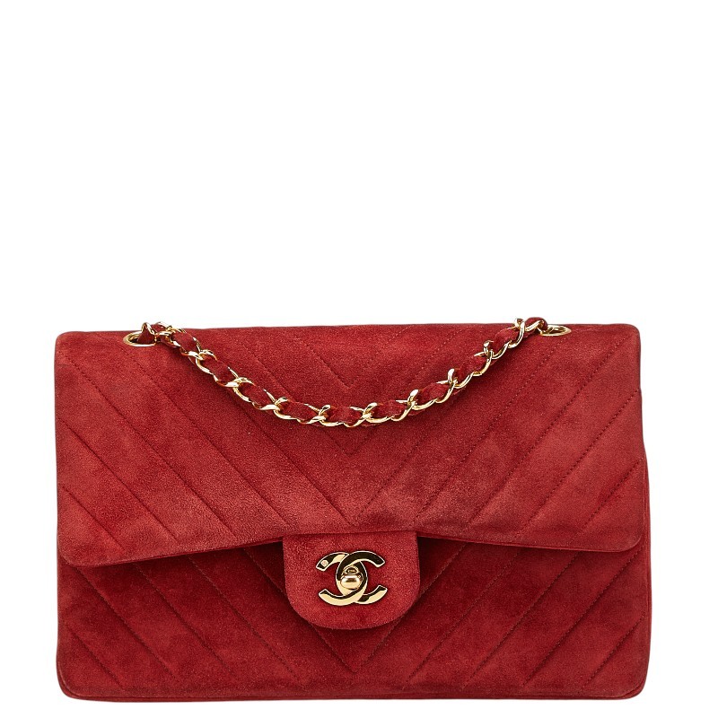 Chanel Red Suede V-Stitch Double Flap Coco Chain Shoulder Bag