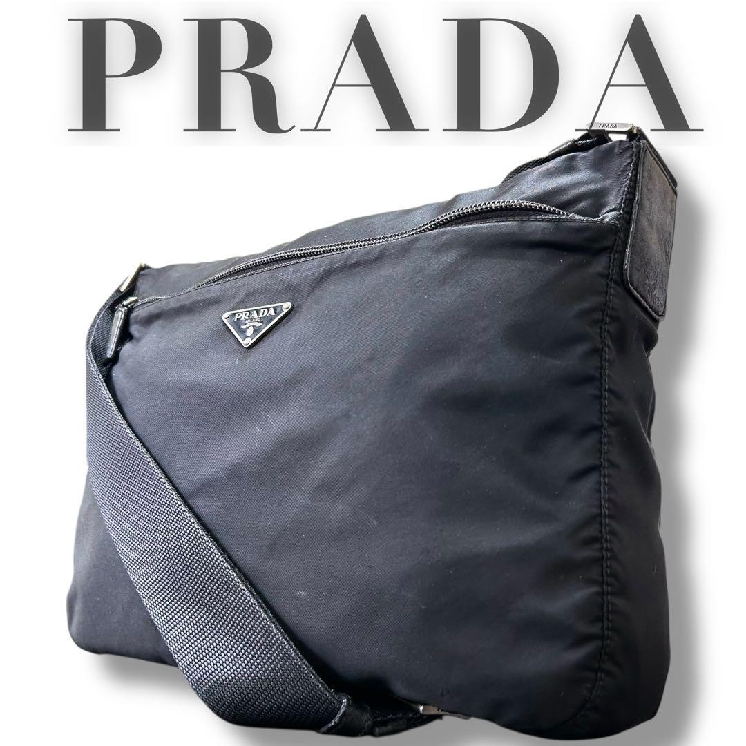 Prada Black Nylon Shoulder Bag with Triangle Logo Plate Designer Handbag