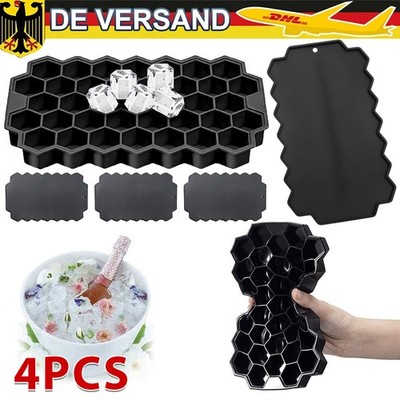 4x Eiswürfelform Silikon Eiswuerfelbehaelter 37 Gitter Ice Tray Cube Mit Deckel
