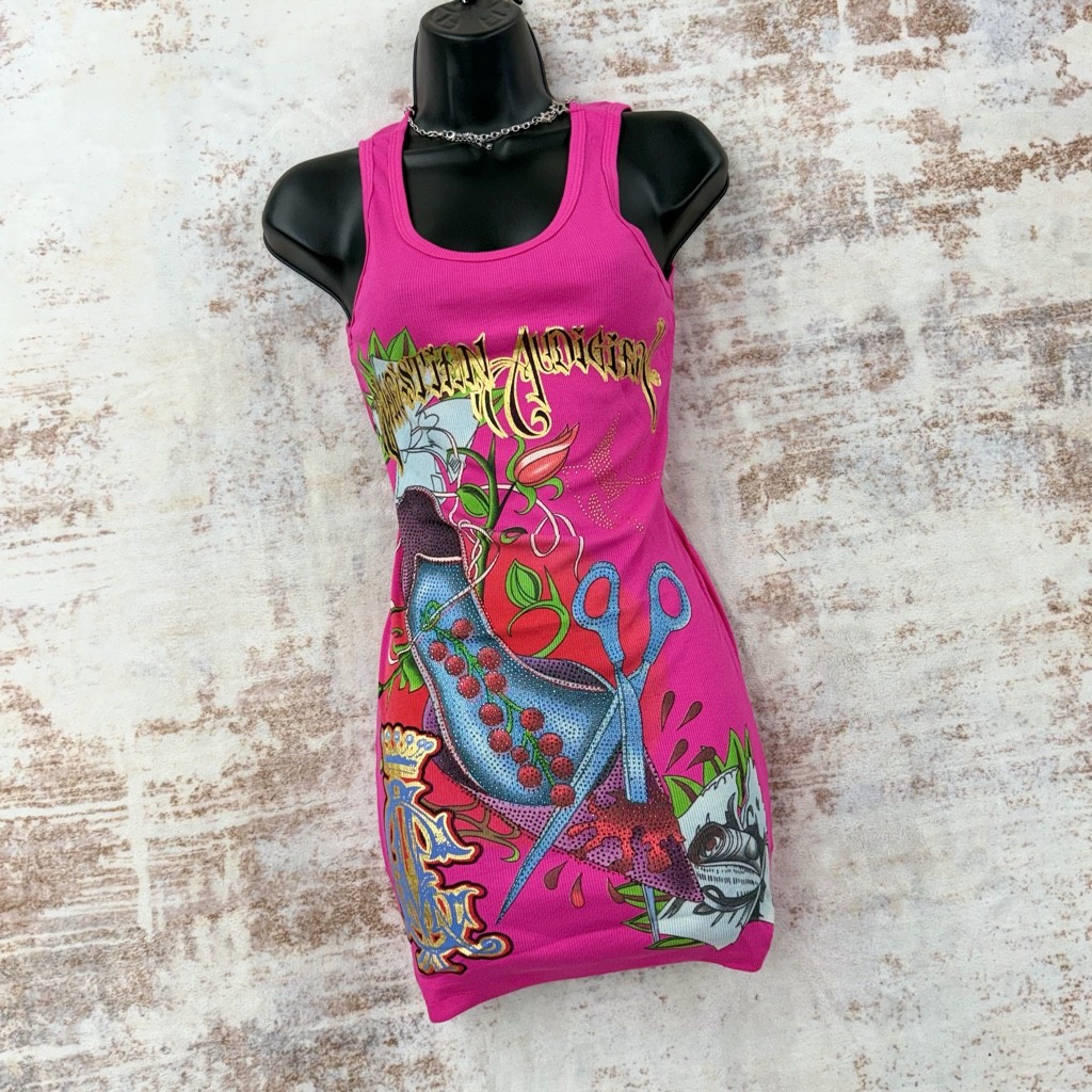 Christian Audigier  Graphic Bodycon Mini Dress Y2K Ed Hardy Style XL