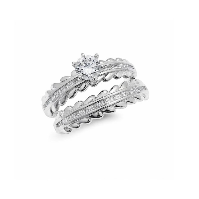 925 Sterling Silver Plated Moissanite Channel Set Baguettes and Leaf Ring