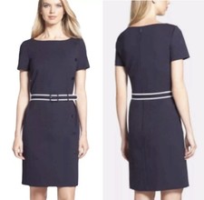 Tory Burch Sonia Navy Belted Pencil Dress Short Sleeve Boat Neck Stretch Knit M