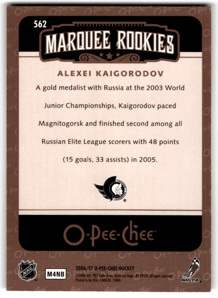 Alexei Kaigorodov 2006-07 O-Pee-Chee Rookie #562 Ottawa Senators - Image 2 of 2